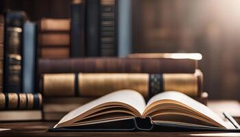 Open Book with Stack of Books in Background photo