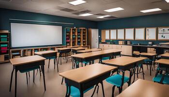 Empty Classroom with Desks and Chairs photo