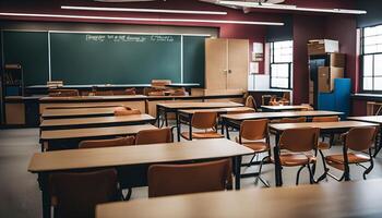 Empty Classroom With Desks and Chairs photo