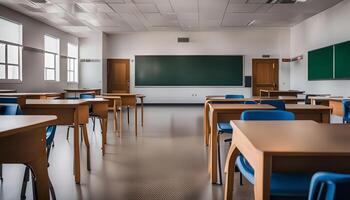 Empty Classroom with Desks and a Blackboard photo