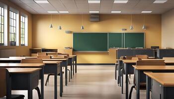 Empty Classroom with Desks and a Blackboard photo