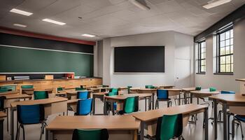 Empty Classroom with Desks and Chairs photo