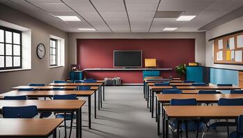 Empty Classroom with Desks and Chairs photo