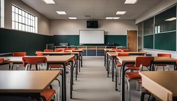 Empty Classroom with Desks and Chairs photo