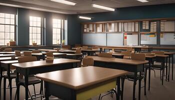 Empty Classroom with Sunlight Streaming Through Windows photo