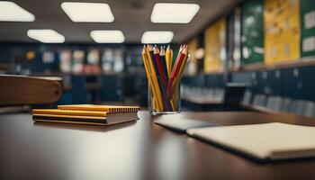 Classroom Desk with Pencils and Notebook photo