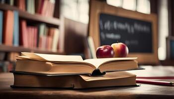 Open Book with Apples in a Classroom Setting photo