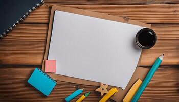 Blank Paper with Notebook and Pencil on a Wooden Table photo