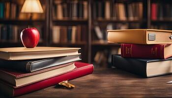 Red Apple on a Stack of Books in a Library Setting photo
