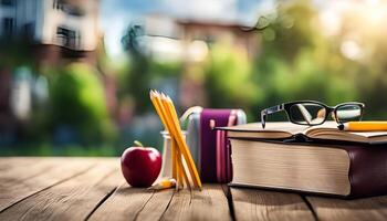 Back to School Essentials on Wooden Table photo