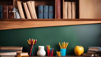 Classroom Setting with Books, Pencils, and an Apple photo