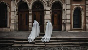 Ghostly Figures on the Steps of an Old Building photo