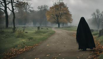 Mysterious Figure in Foggy Forest Path photo