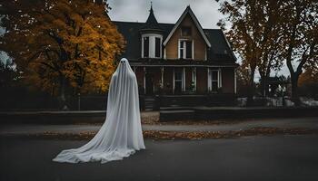Spooky Ghost Walking in Front of a Haunted House photo