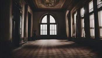 Empty Hallway With Large Windows in Old Mansion photo