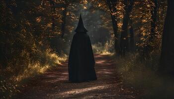Mysterious Figure Walking Through a Forest Path photo