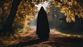 Mysterious Figure in a Forest Path photo