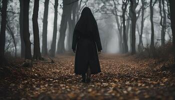A Solitary Figure Walking Through a Misty Forest photo