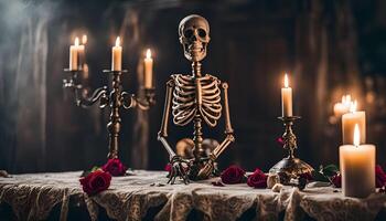 Skeleton at a candlelit table photo