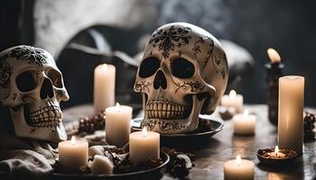 Day of the Dead Altar with Skulls and Candles photo