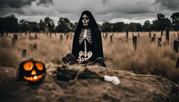 Spooky Halloween Scene with a Skeleton in a Graveyard photo