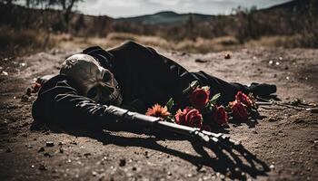 Skeleton with Roses in a Desert Setting photo