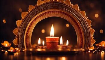 Illuminated Diya with Golden Frame During Diwali photo