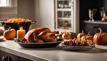 Roasted Turkey and Side Dishes on a Kitchen Countertop for Thanksgiving photo