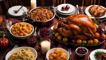 Thanksgiving Feast A Table Spread With Turkey, Sides Desserts photo