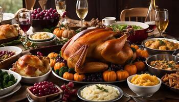 Thanksgiving Feast A Table Spread with Roasted Turkey, Side Dishes, and Wine photo