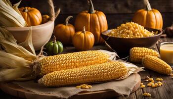 Corn on the Cob with Pumpkins and Kernels photo
