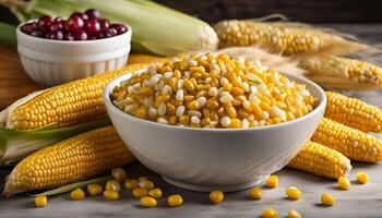 Corn on the Cob in Bowl with Kernels and Husks photo