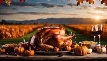 Thanksgiving Dinner with a View A Roasted Turkey Feast in the Autumn Landscape photo