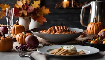 Thanksgiving Dinner Table Setting with Autumn Leaves and Pumpkins photo