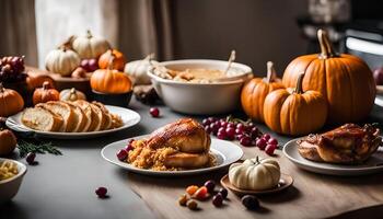 Thanksgiving Dinner Table with Roasted Turkey and Pumpkins photo