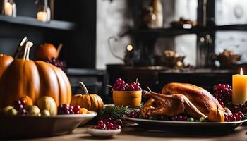 Thanksgiving Dinner Table with Roasted Turkey, Pumpkins and Cranberries photo