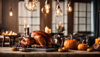 Roasted Turkey and Pumpkins on a Rustic Table photo