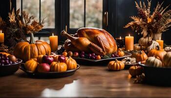 Thanksgiving Feast A Festive Table Setting with a Roasted Turkey photo