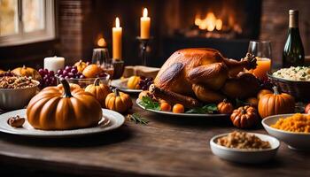 Thanksgiving Table Setting with Roasted Turkey and Pumpkins photo