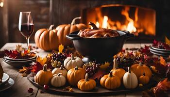 Roasted Turkey with Pumpkins and Grapes - Festive Thanksgiving Dinner Table Setting photo