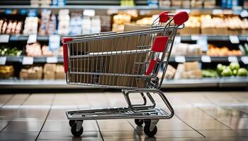 Shopping Cart in a Grocery Store Aisle photo