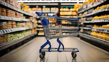 Shopping Cart in a Supermarket Aisle photo