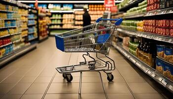Empty Shopping Cart in a Supermarket Aisle photo