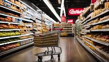 Empty Shopping Cart in Grocery Store Aisle photo
