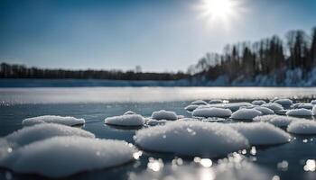 Snow-Covered Lake on a Sunny Winter Day photo