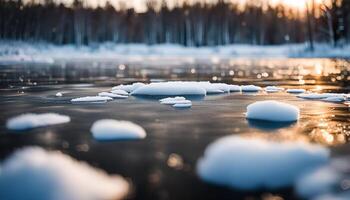 Frozen Lake in Winter with Sunset Glow photo
