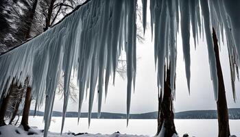 Icicles Hanging Over a Frozen Lake photo