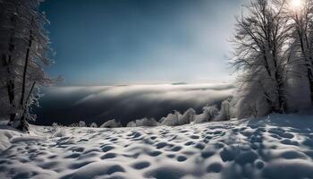 Snowy Mountain Landscape with Fog photo