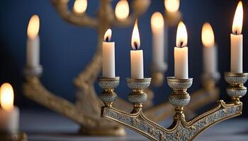 Golden Menorah with Lit Candles photo