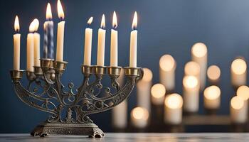 A Menorah with candles lit for Hanukkah. photo